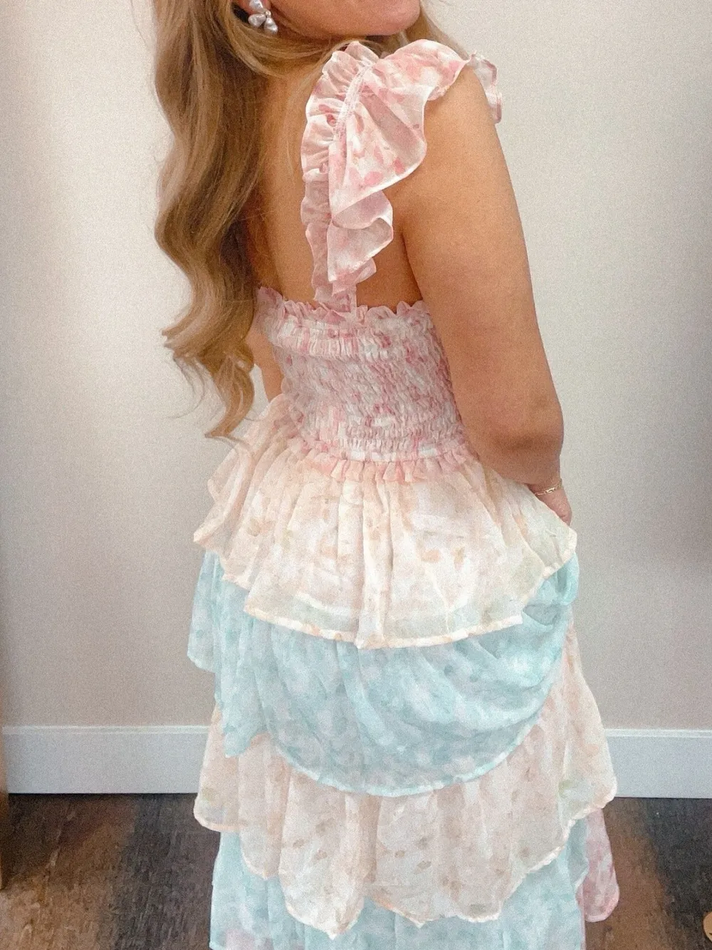 Smocked Ruffle Layered Floral Midi Dress, image 2