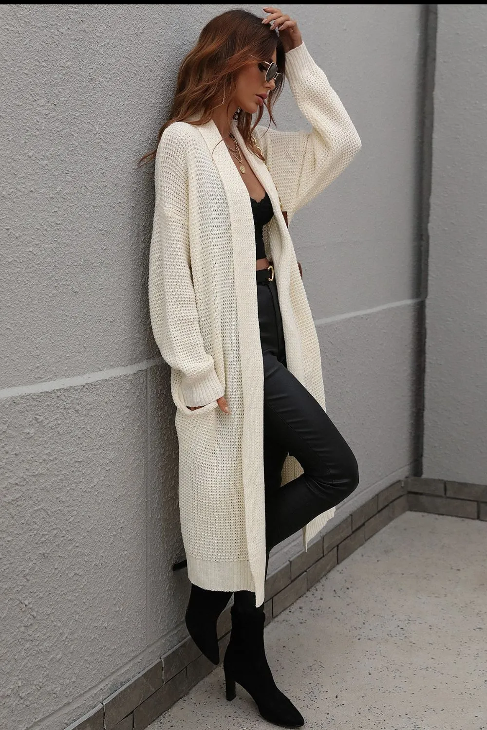 Waffle Knit Open Front Duster Cardigan With Pockets, image 5
