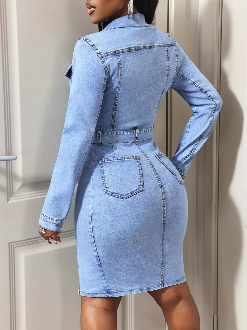 Button-Down Tie Waist Denim Dress, image 5