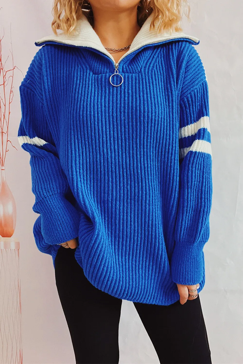 Quarter Zip Striped Dropped Shoulder Sweater, image 2