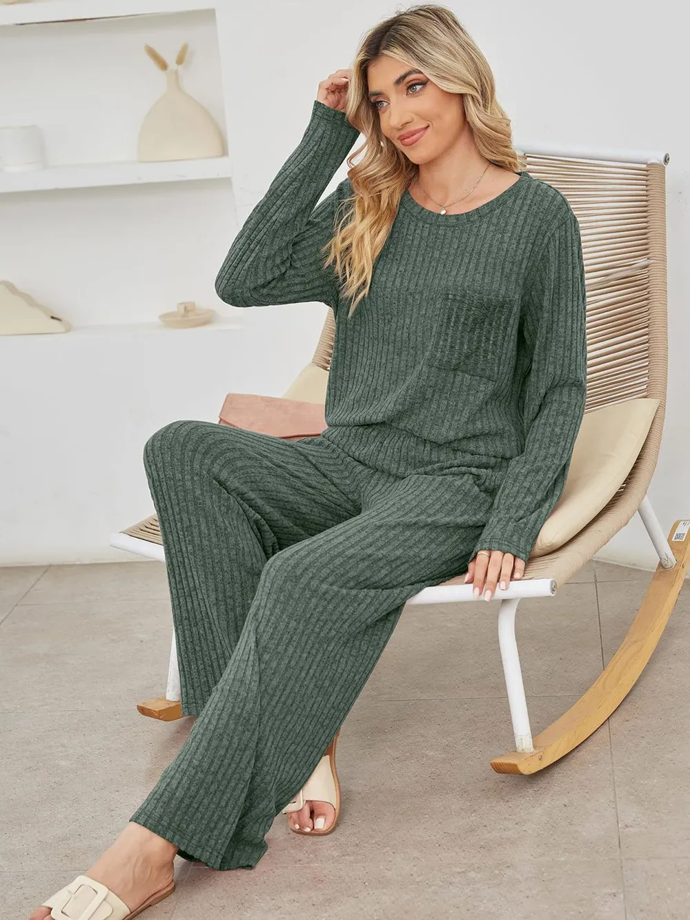 Round Neck Long Sleeve Top and Pants Set, image 17