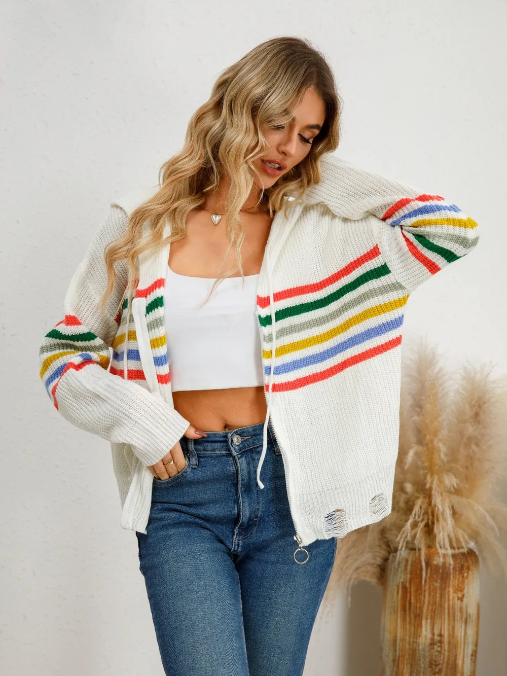 Drawstring Striped Dropped Shoulder Hooded Cardigan, image 4