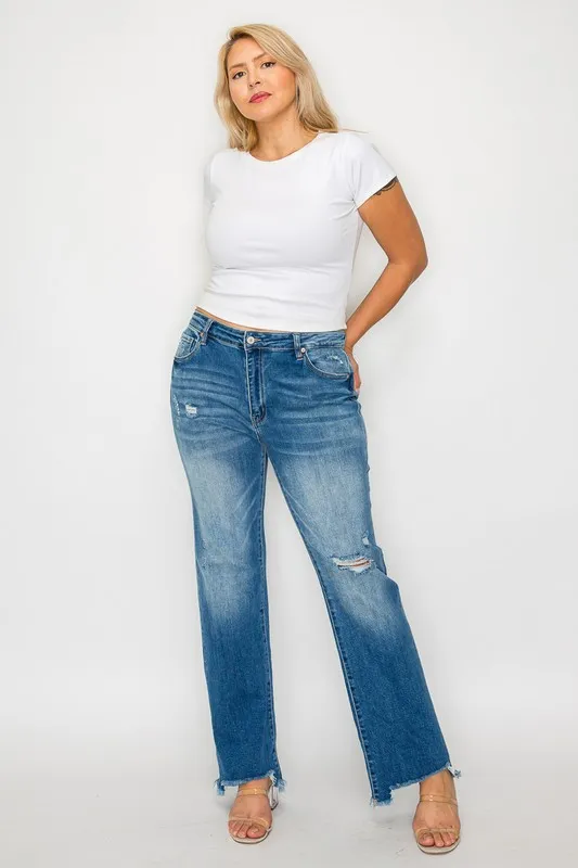Full Size Raw Hem Distressed Mid Rise Straight Jeans, image 2