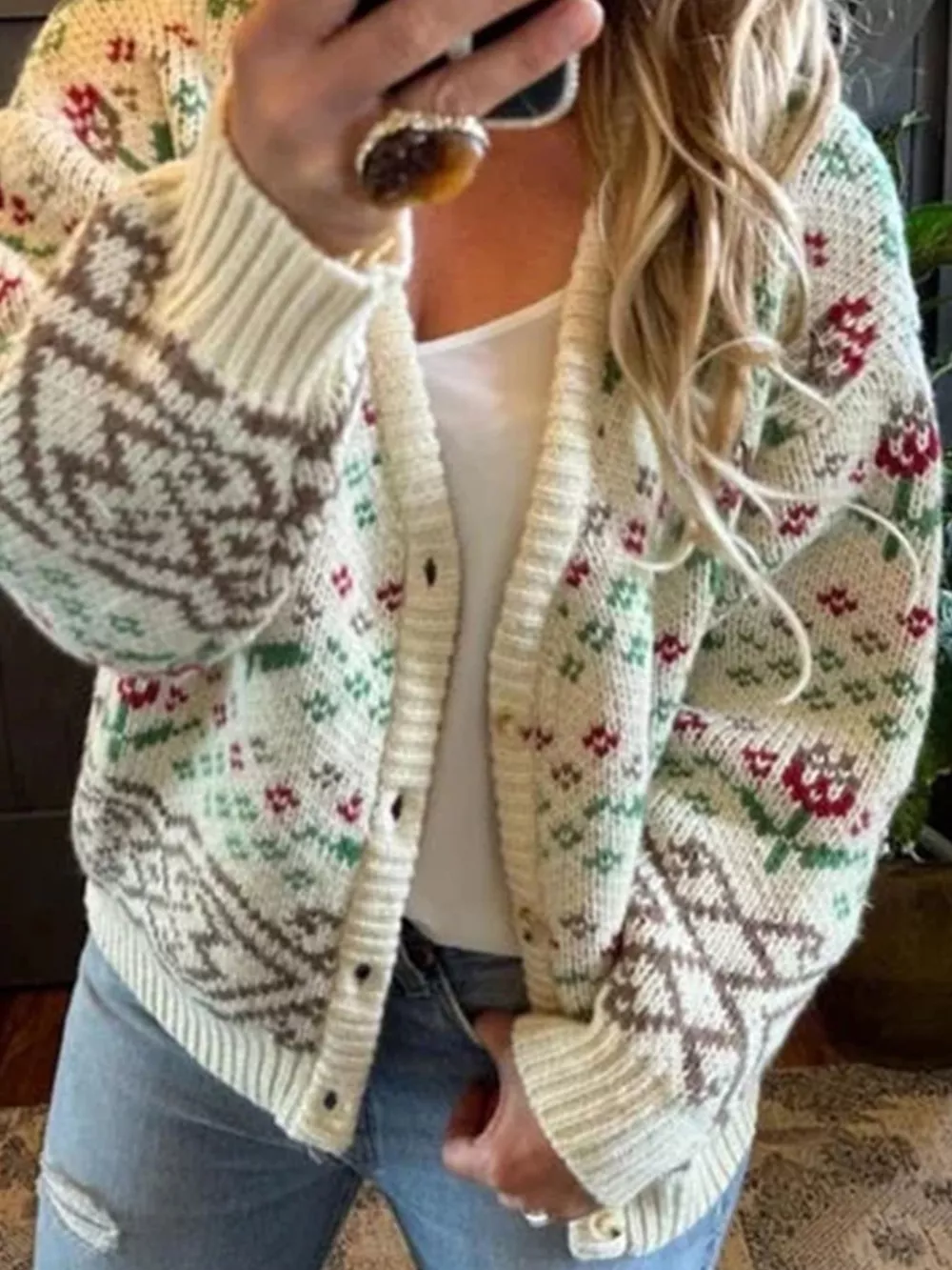 Floral Pattern Button-Up Cardigan