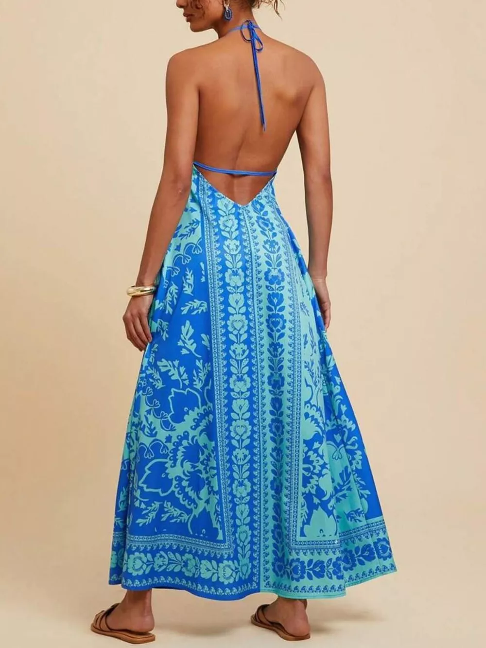 Bohemian Floral Print Halter Maxi Dress, image 5