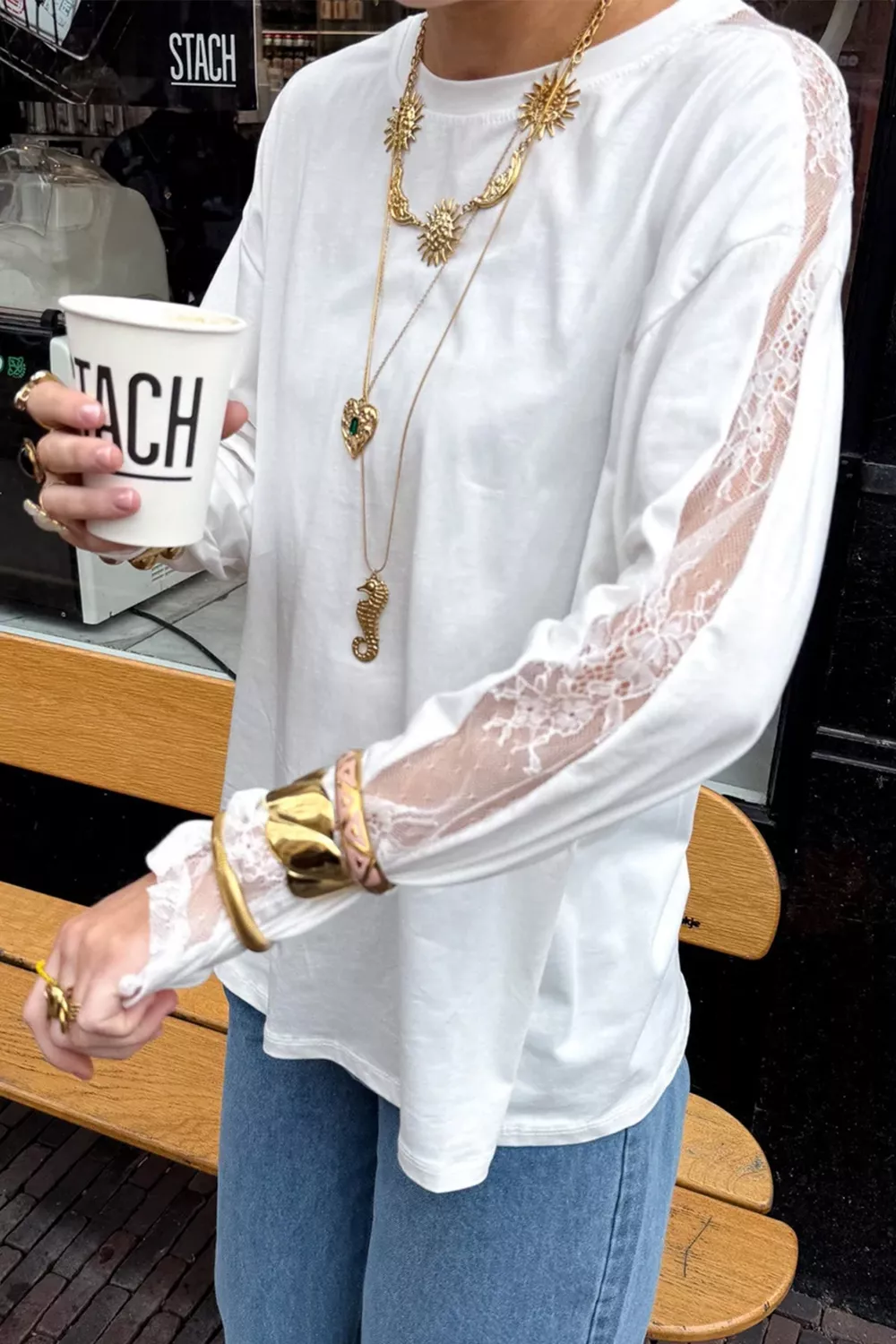 Lace Patchwork Round Neck Long Sleeve Top, image 6