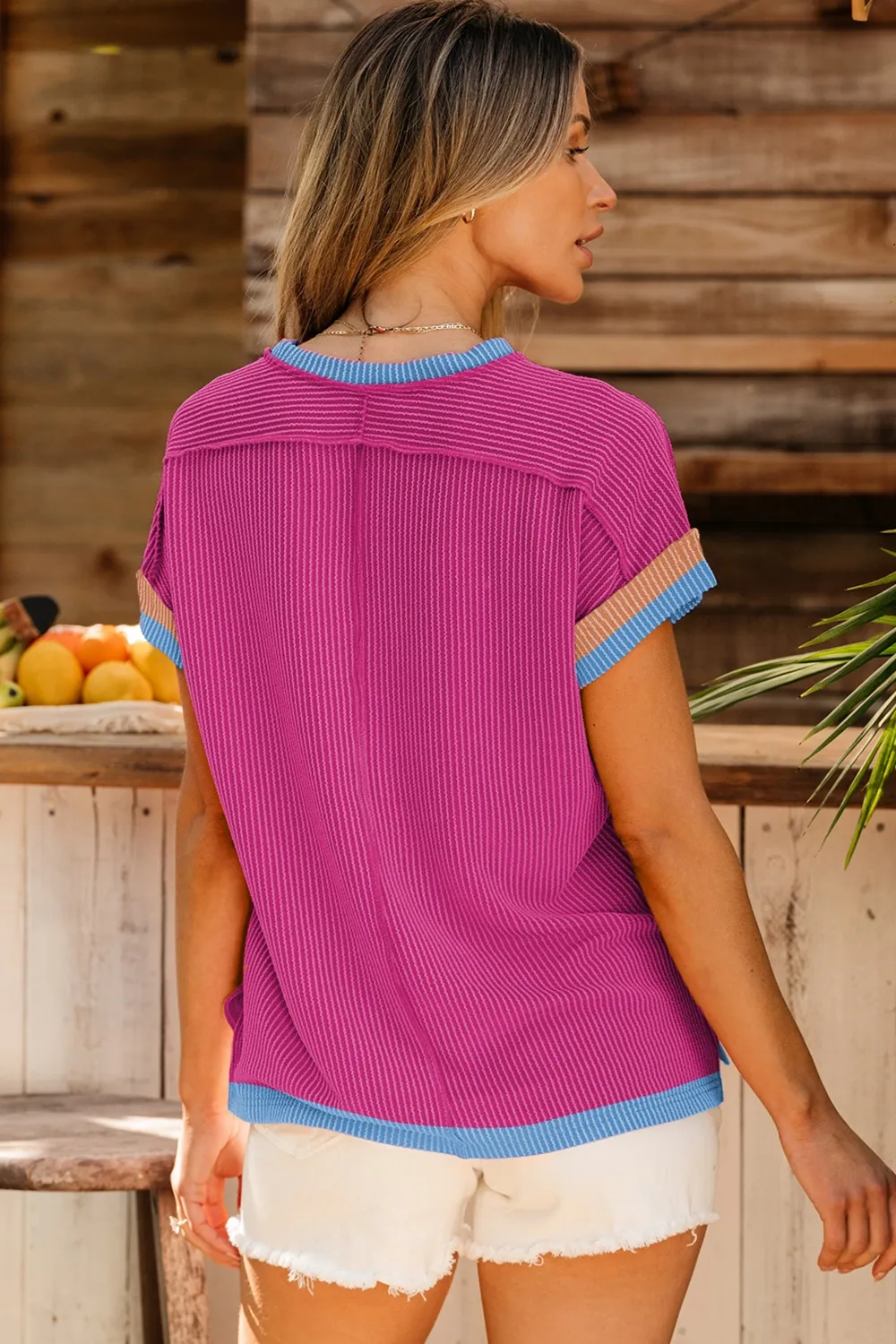 Color Block Round Neck Cap Sleeve T-Shirt, image 2