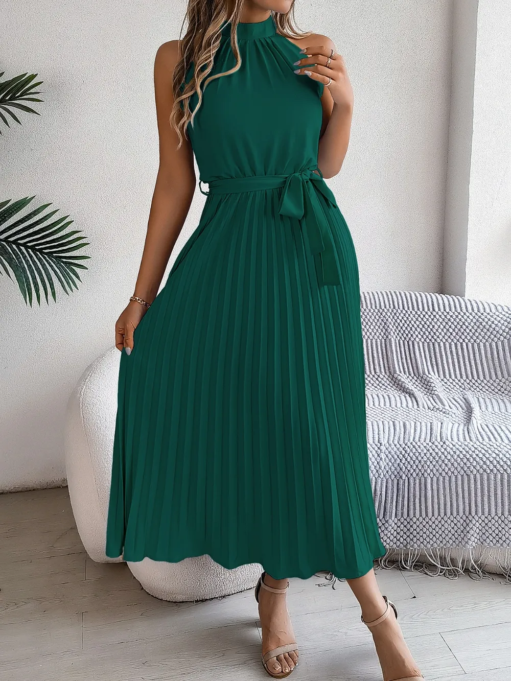 Grecian Neck Tie Waist Pleated Dress, image 10