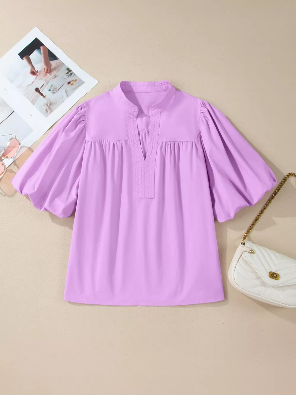 Notched Puff Sleeve Blouse, image 6