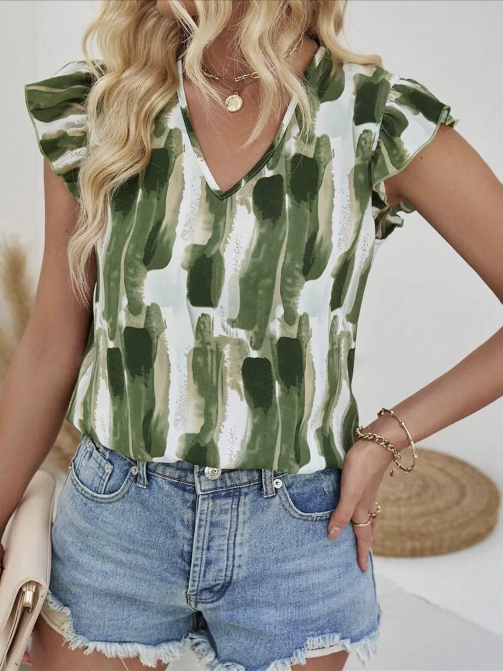 Ruffled Printed V-Neck Cap Sleeve Blouse, image 5