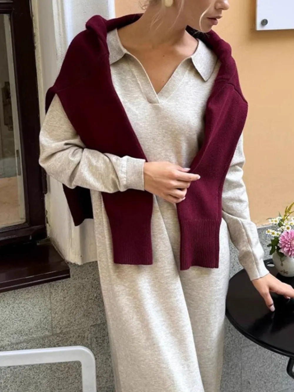 Long Sleeve Collared Neck Knit Dress, image 2
