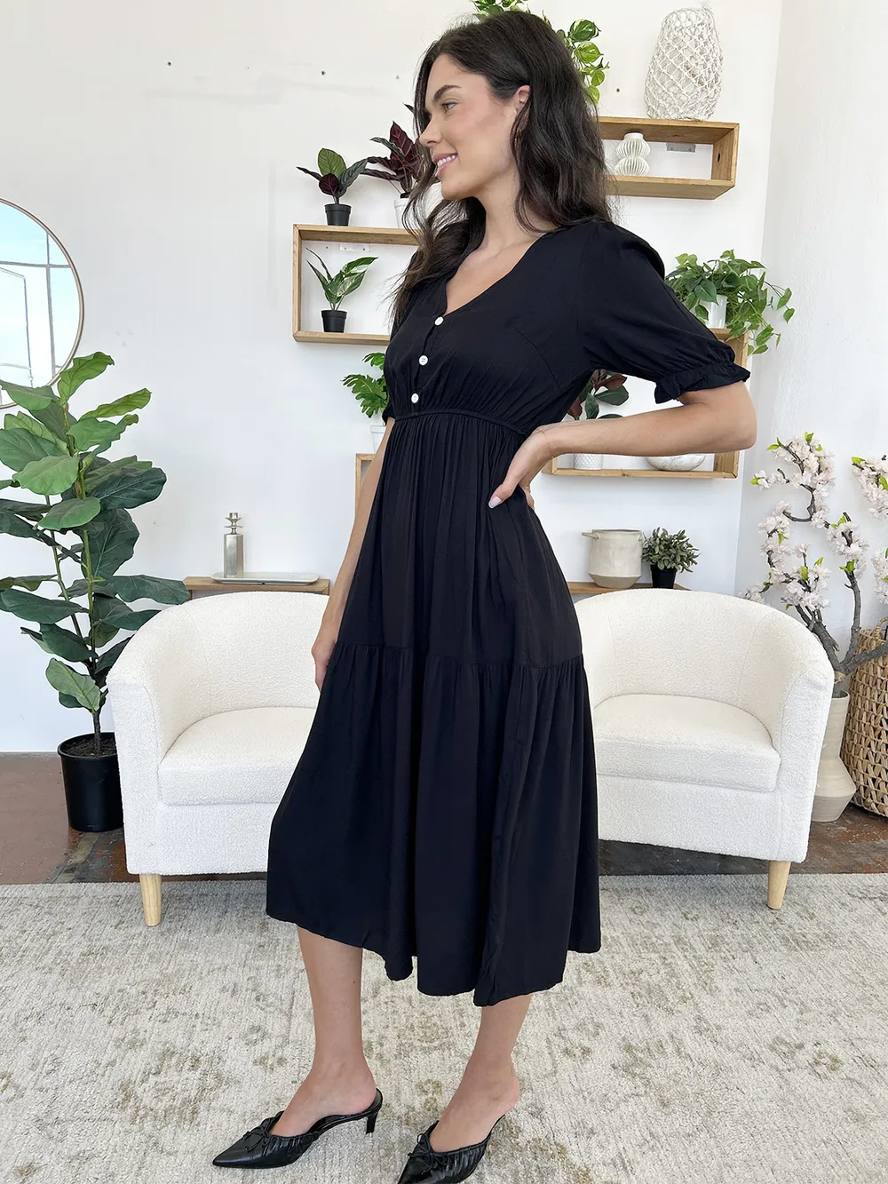 Ruched V-Neck Half Sleeve Midi Dress, image 2