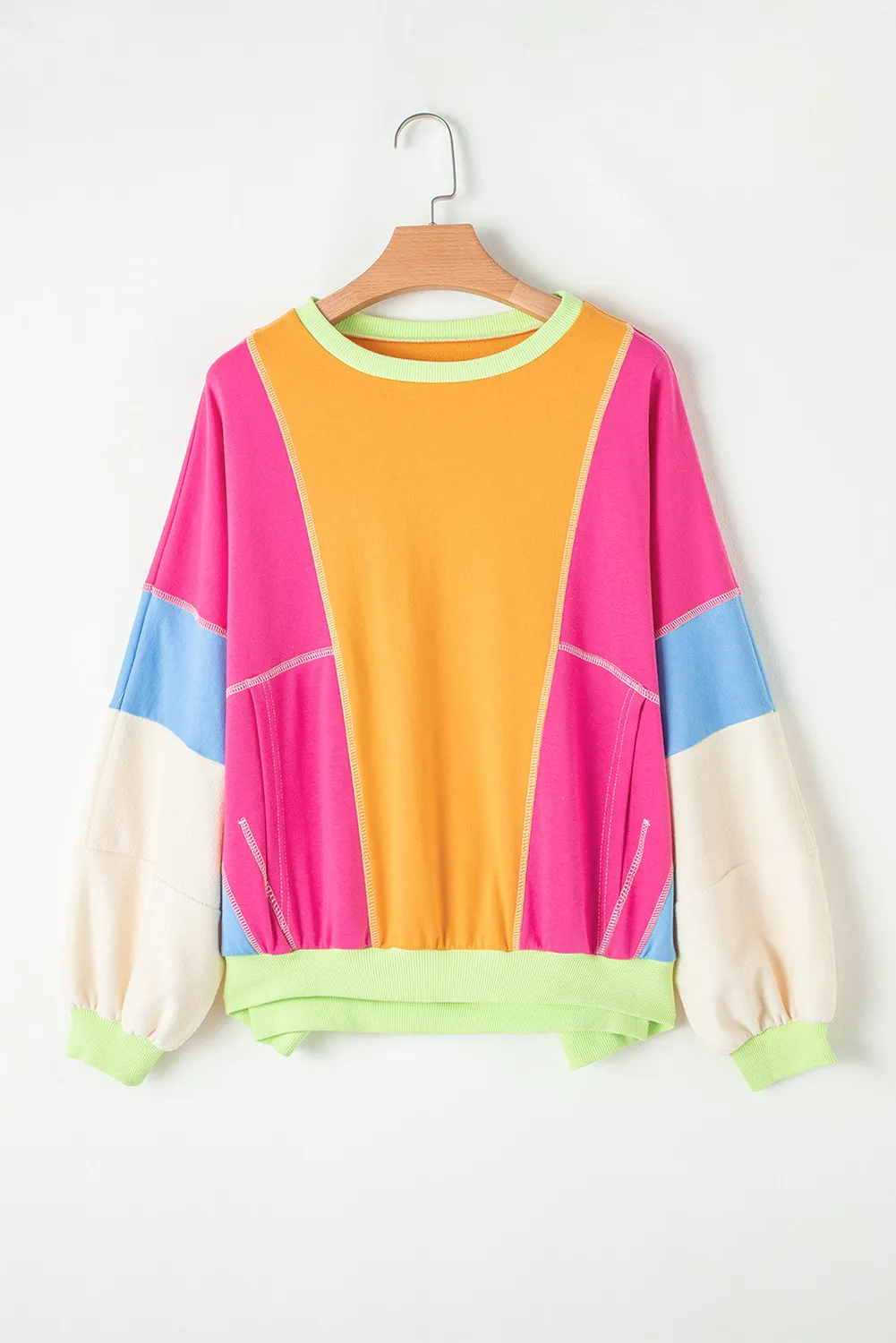 Color Block Round Neck Long Sleeve Top, image 2