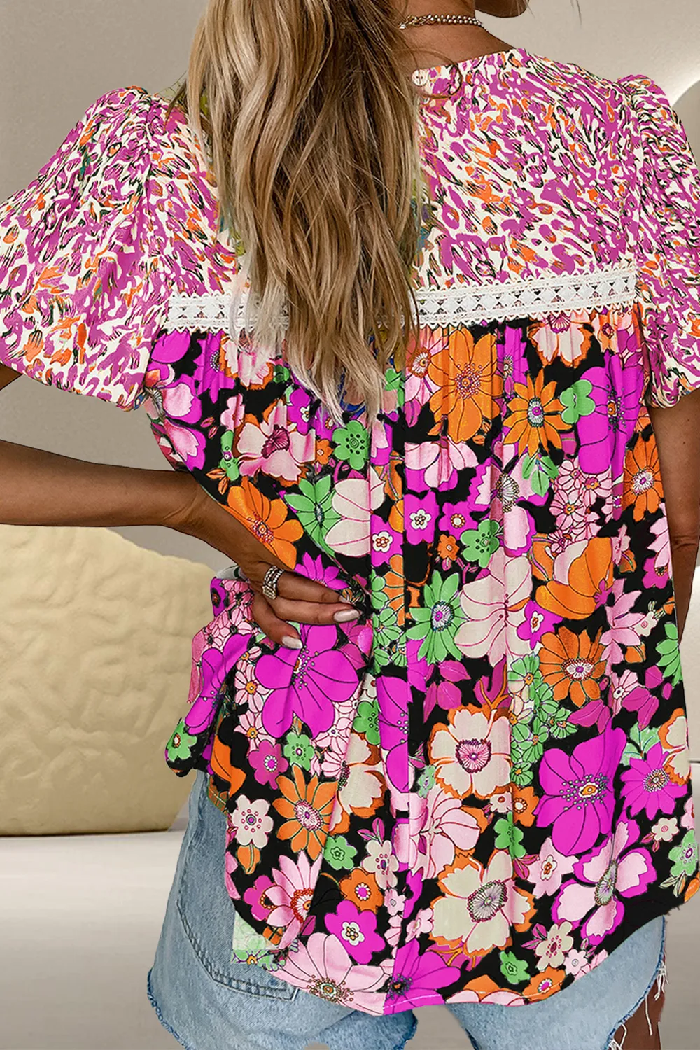Printed Round Neck Puff Sleeve Blouse, image 3