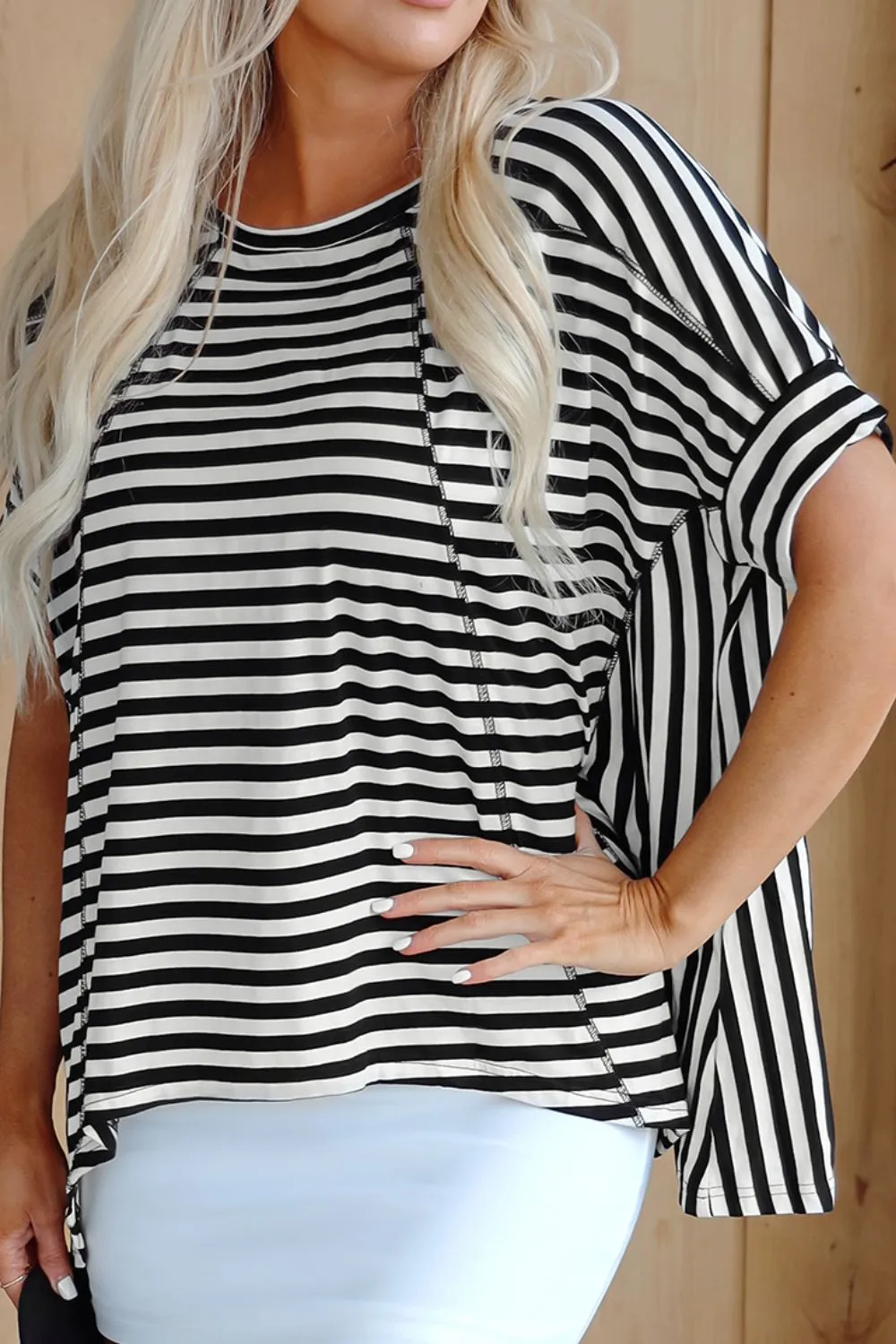 Stripe Batwing Sleeve Round Neck Oversized Top, image 3
