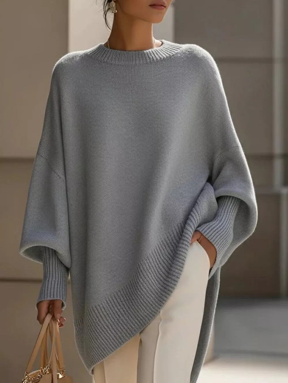 Ribbed Batwing Sleeve Oversized Sweater, image 2