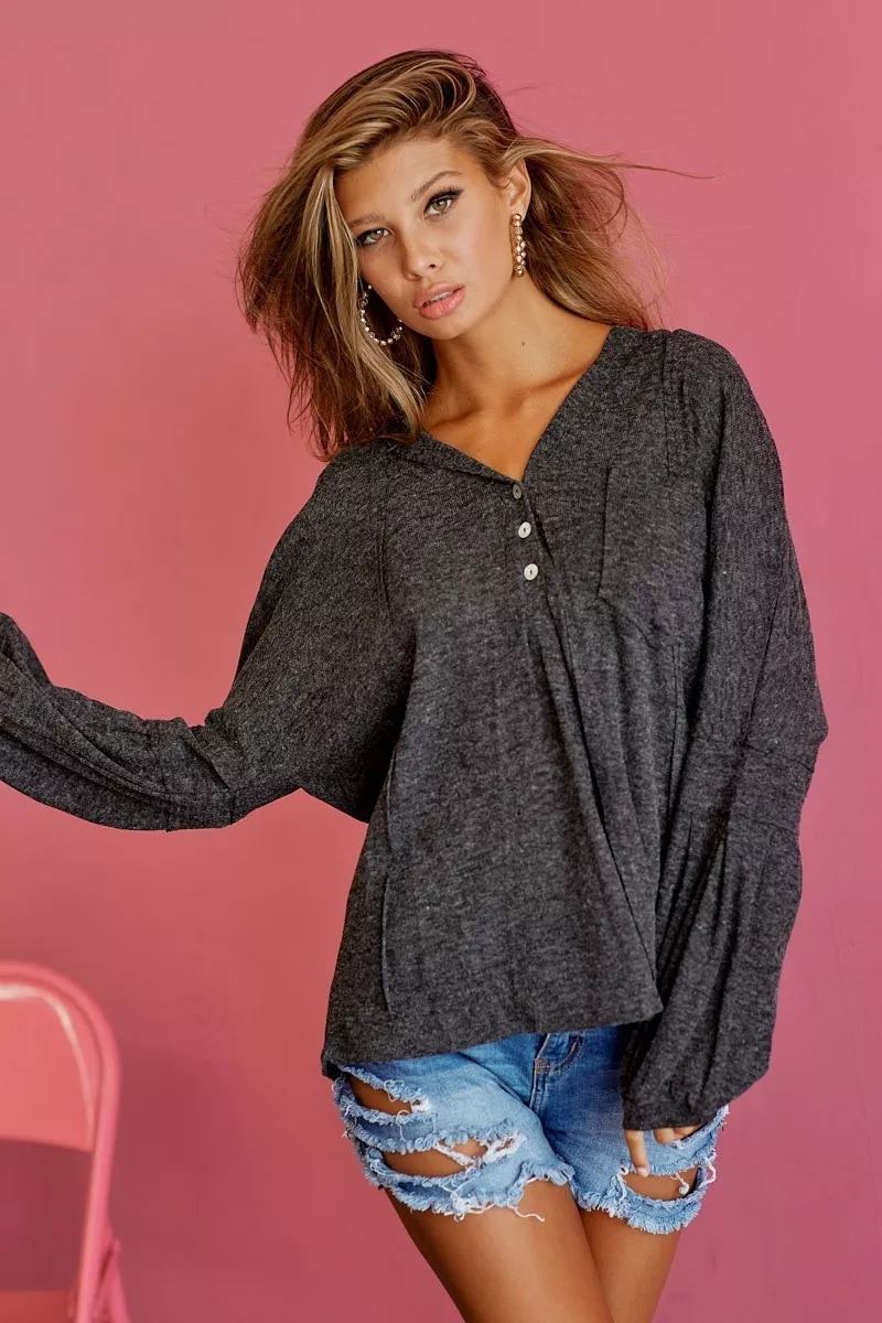 Textured Knit Hoodie with Buttoned Placket