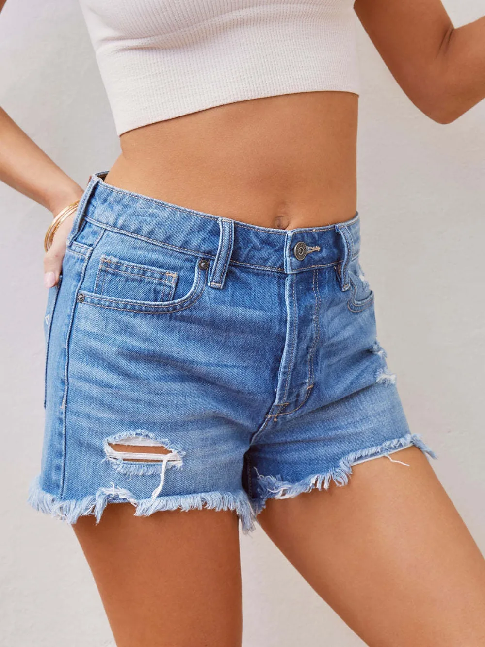 Distressed Raw Hem Denim Shorts, image 3