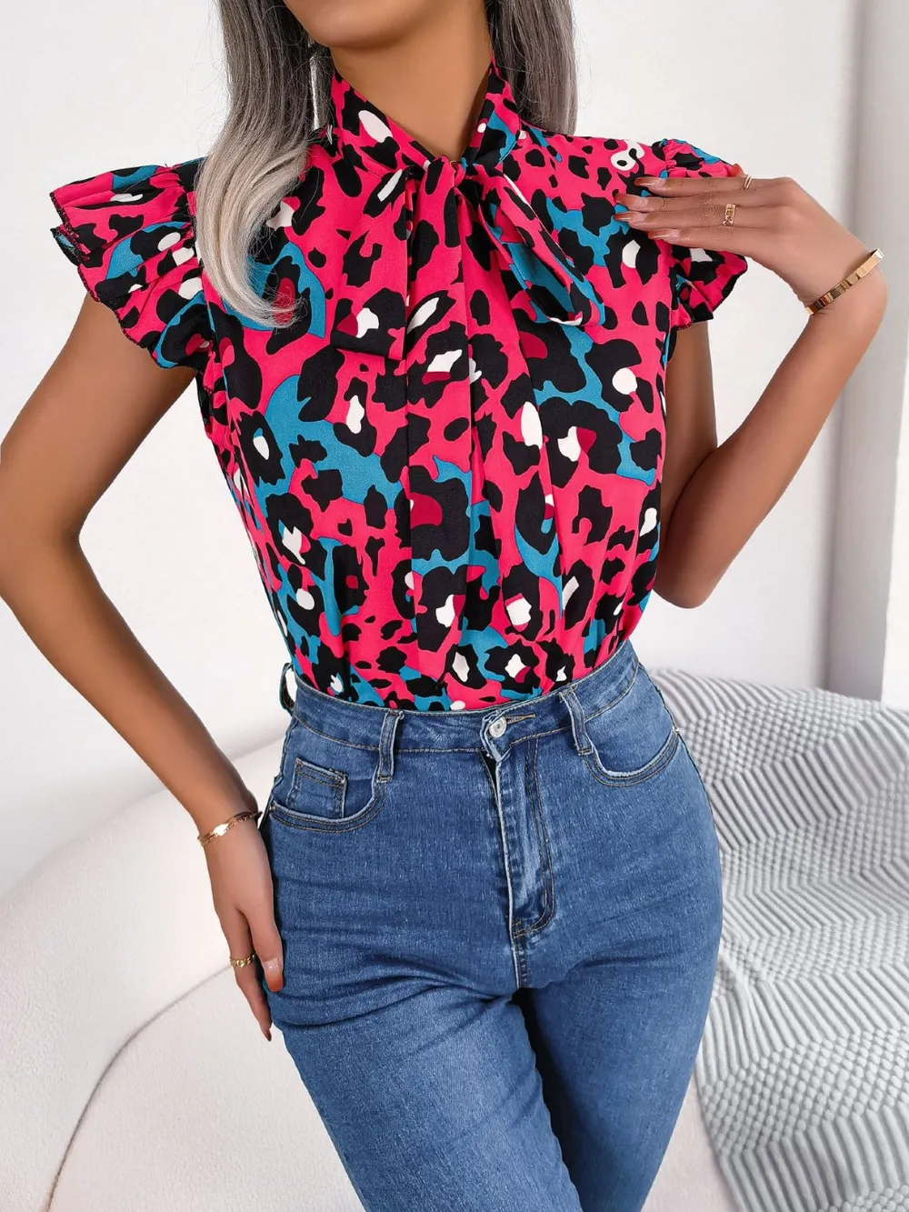 Leopard Tie Neck Cap Sleeve Blouse, image 2