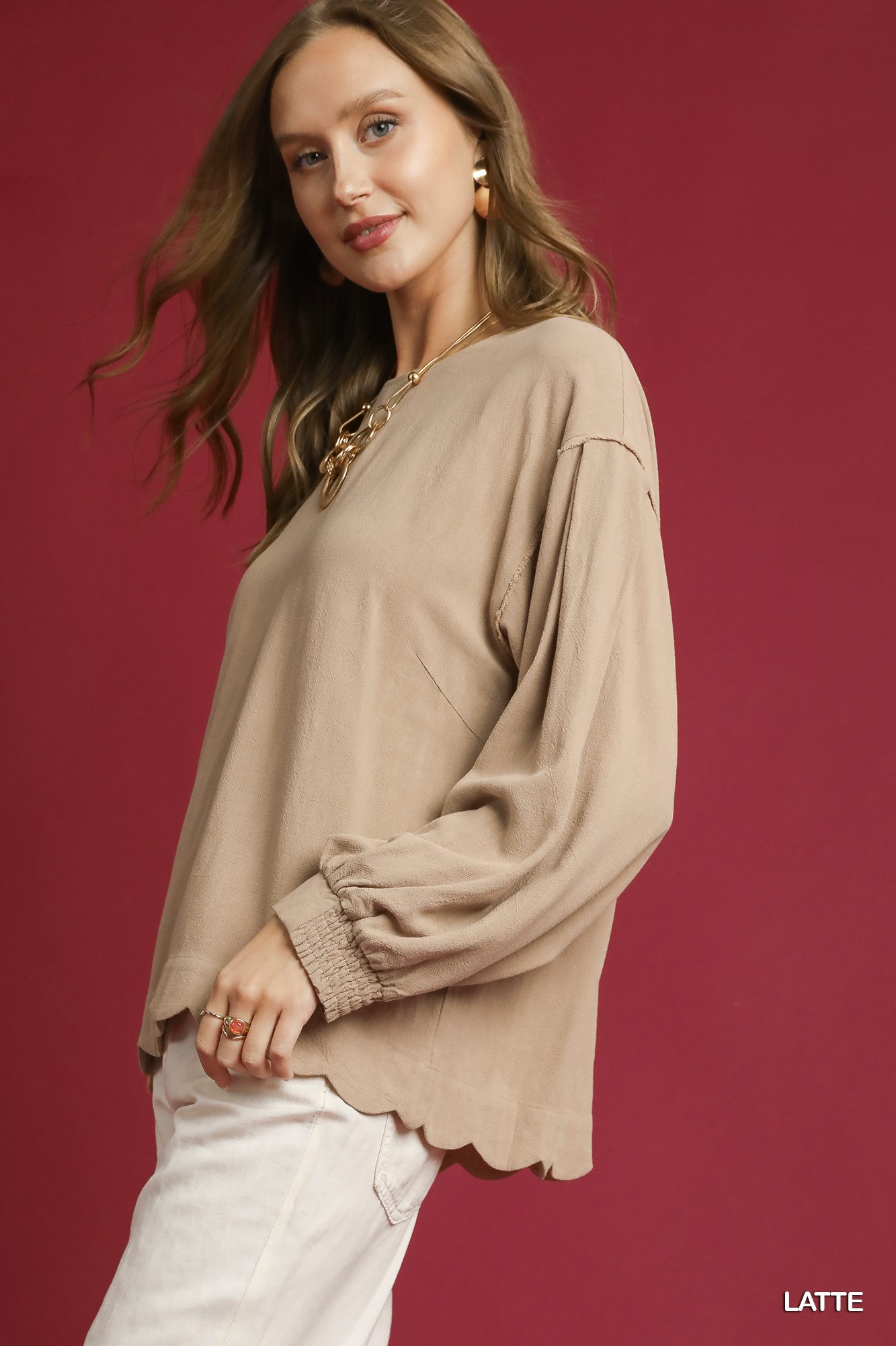 Linen Scallop Hem Long Sleeve Blouse, image 2