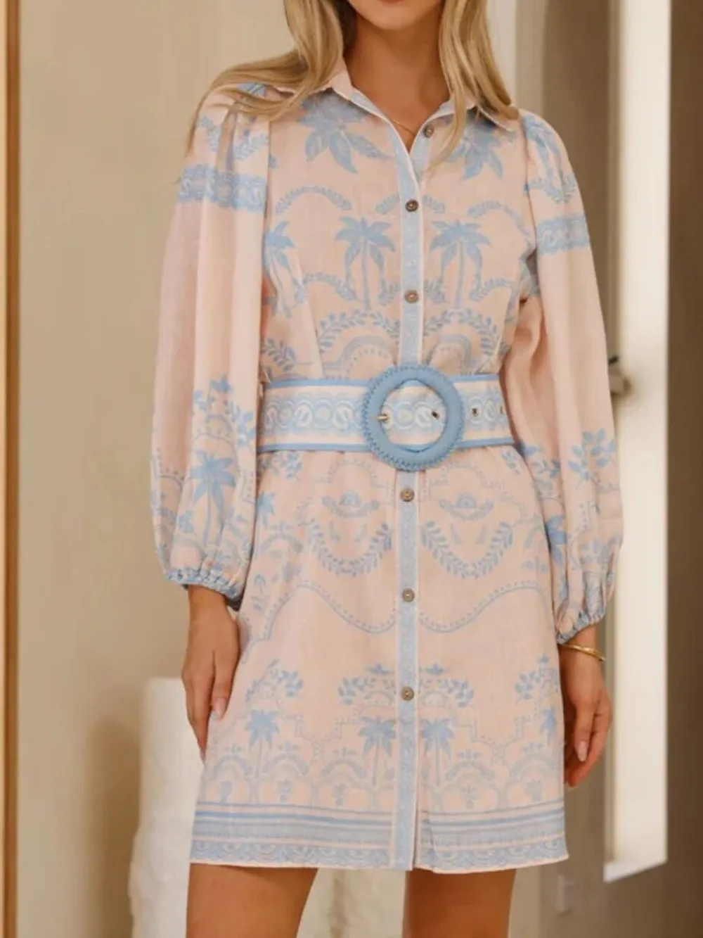 Printed Button Down Shirt Dress with Belt, image 2