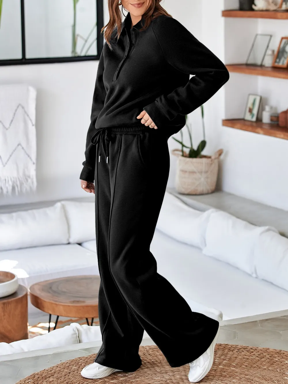 Collared Sweatshirt and High Waist Pants Active Set, image 2