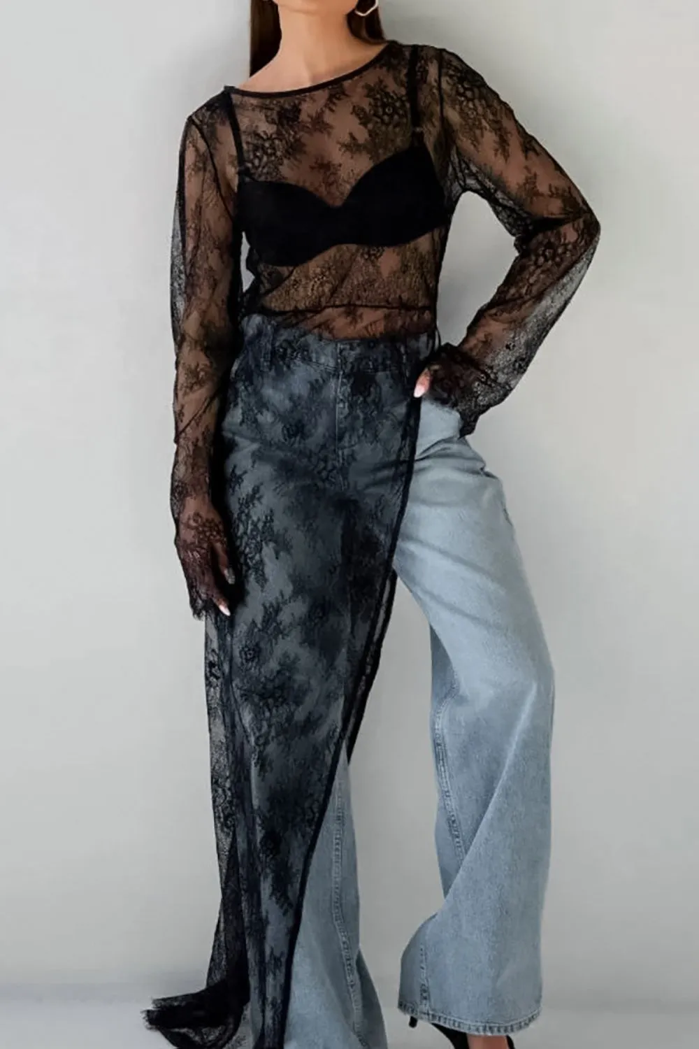 Fringe Round Neck Long Sleeve Lace Sheer Top, image 2