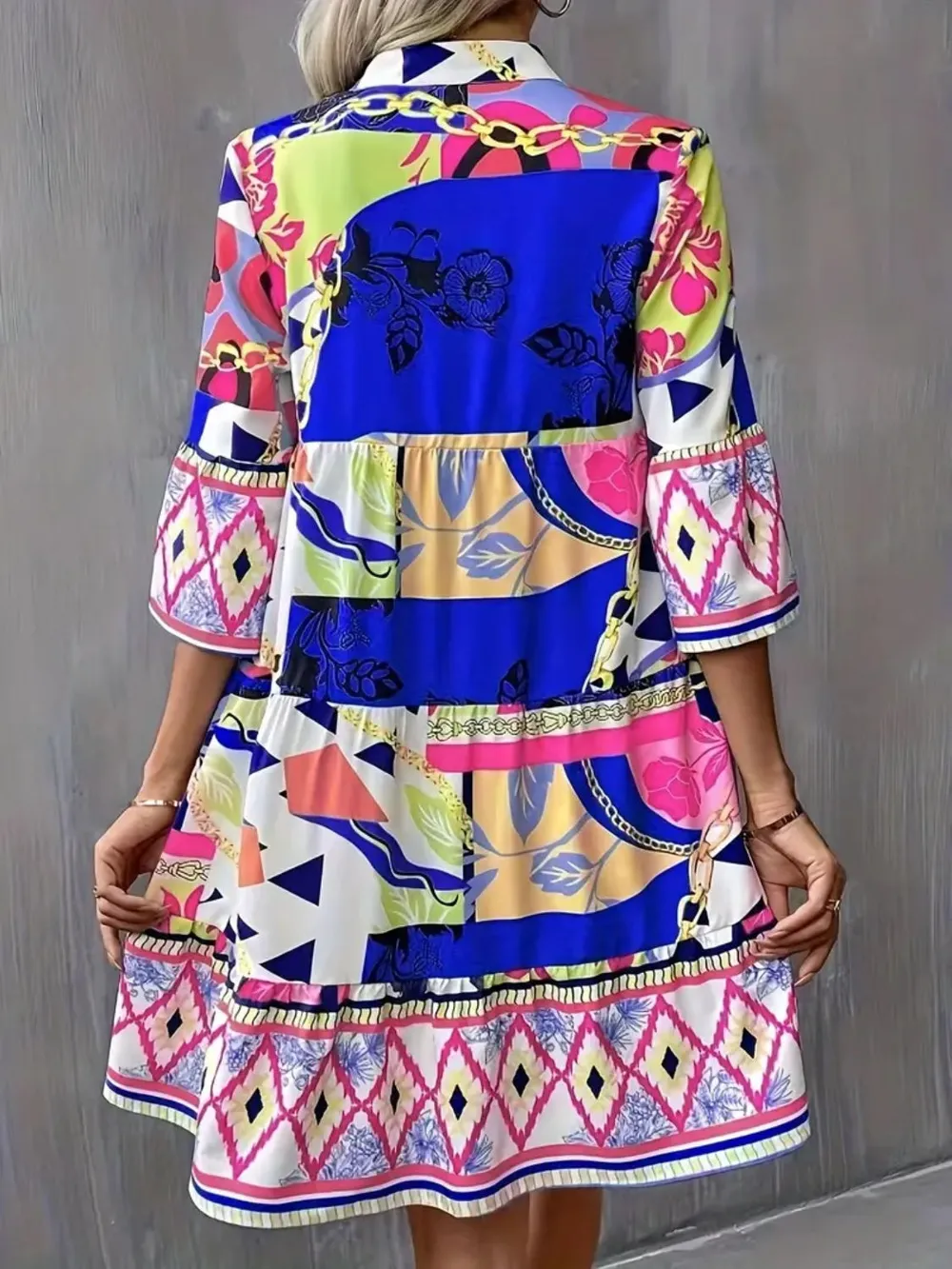 Printed Notched 3/4 Sleeve Tiered Dress, image 2