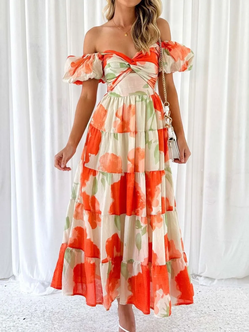 Off-Shoulder Floral Tiered Dress with Ruffle Details, image 3
