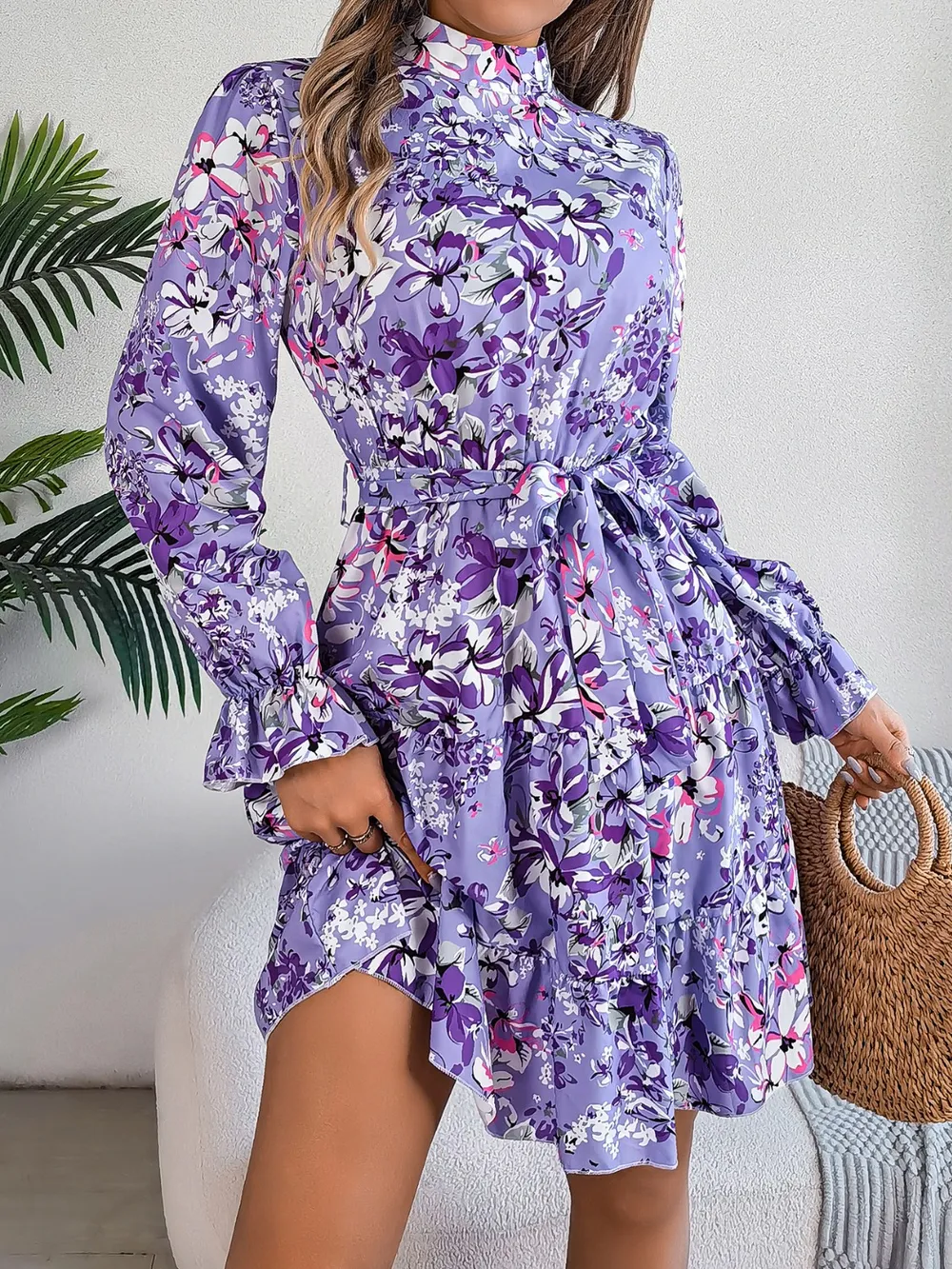 Printed Mock Neck Flounce Sleeve Mini Dress, image 2