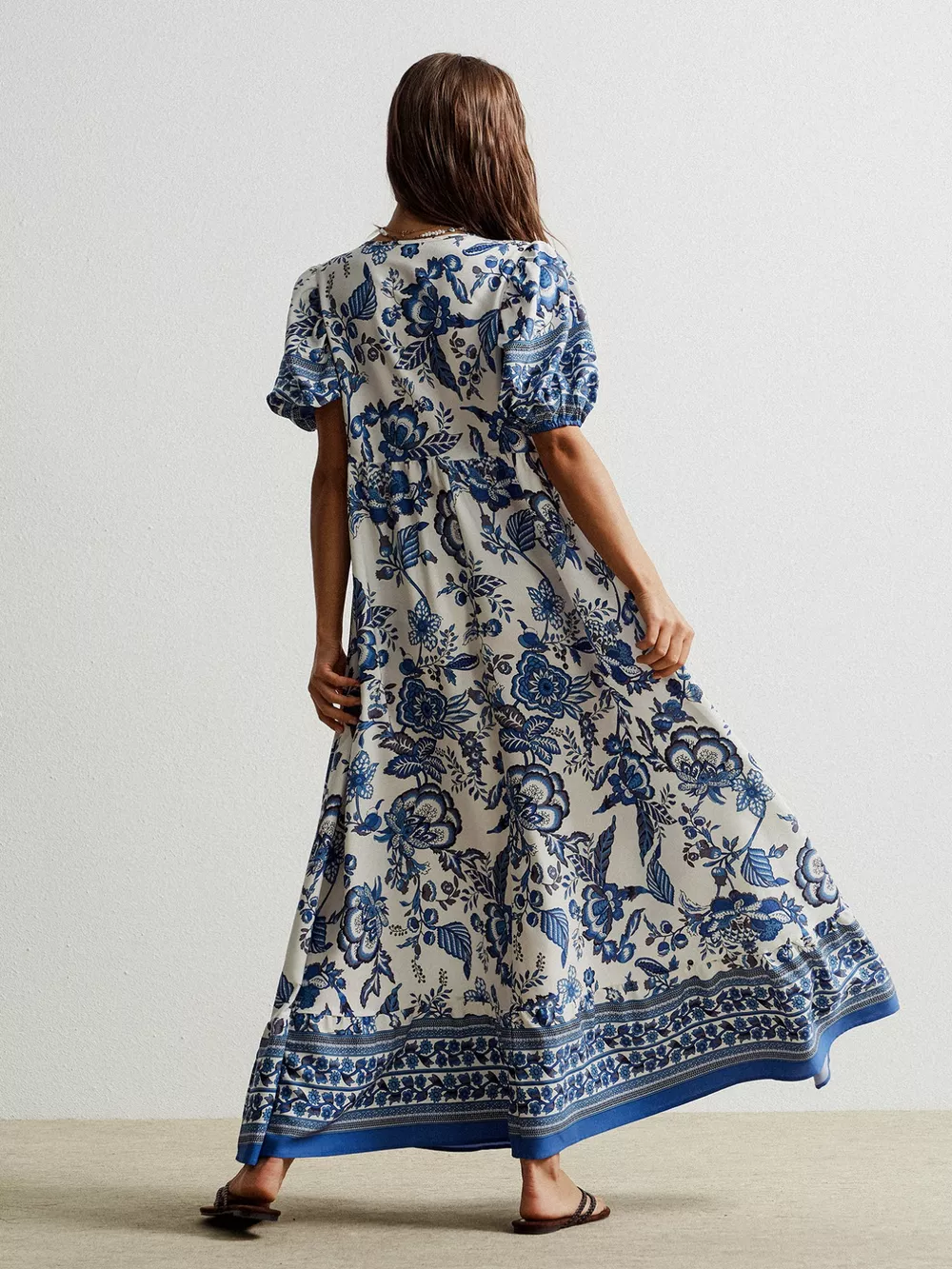 Floral Print Tie-Neck Puff Sleeve Maxi Dress, image 2
