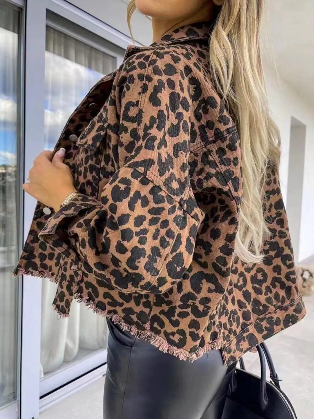 Raw Hem Leopard Collared Neck Denim Jacket, image 2