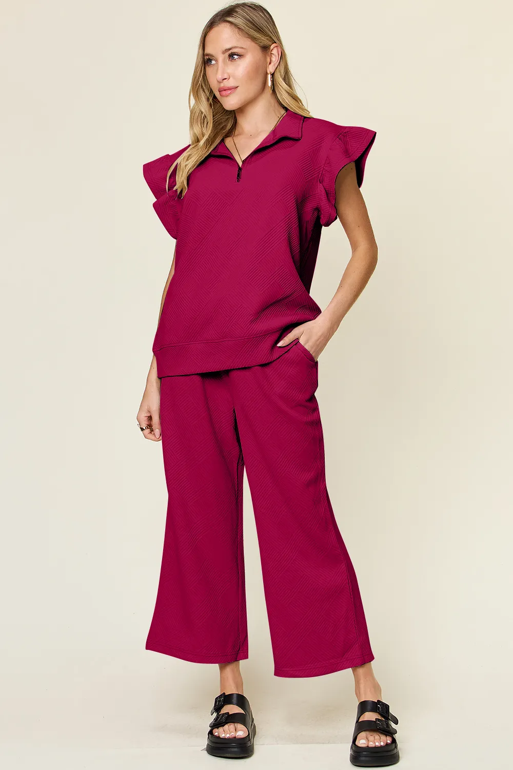 Texture Ruffle Short Sleeve Top and Drawstring Wide Leg Pants Set, image 2