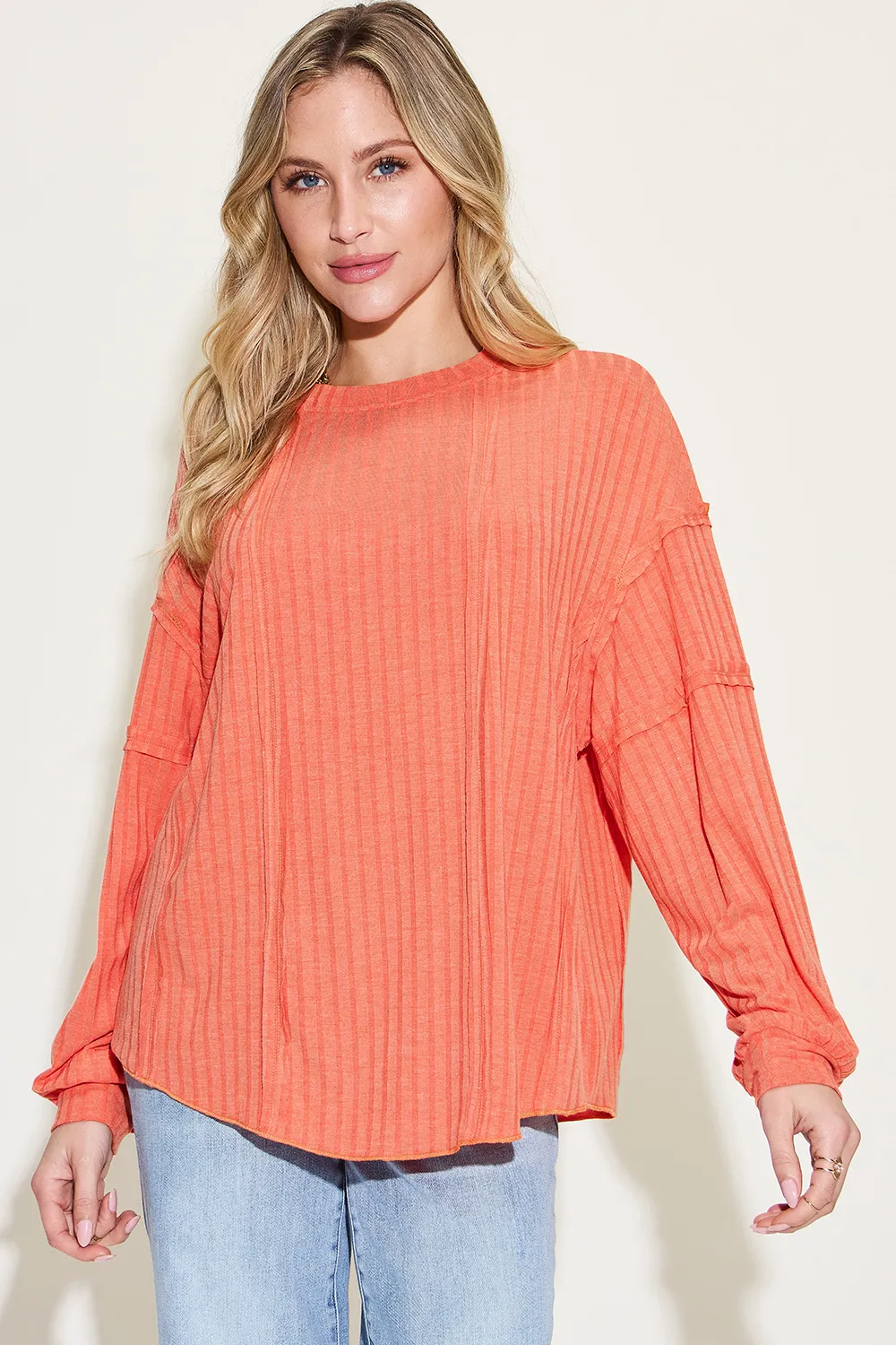 Full Size Ribbed Round Neck Long Sleeve T-Shirt, image 2