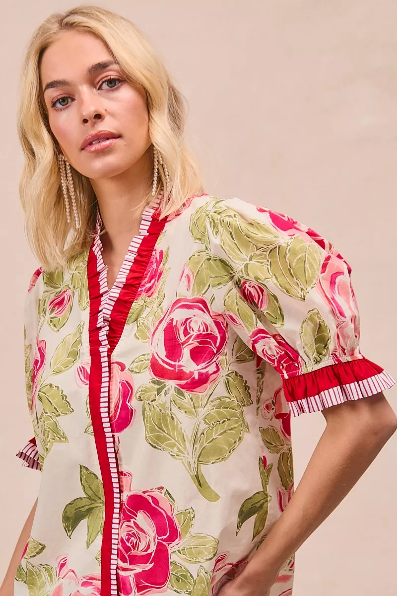 Floral Printed Woven Contrast Edge Ruffled Blouse, image 6