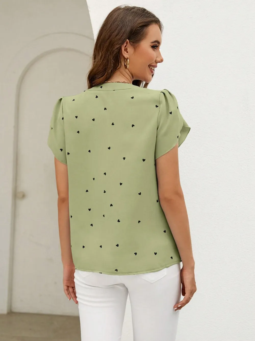 Heart Print Notched Petal Sleeve Blouse, image 18