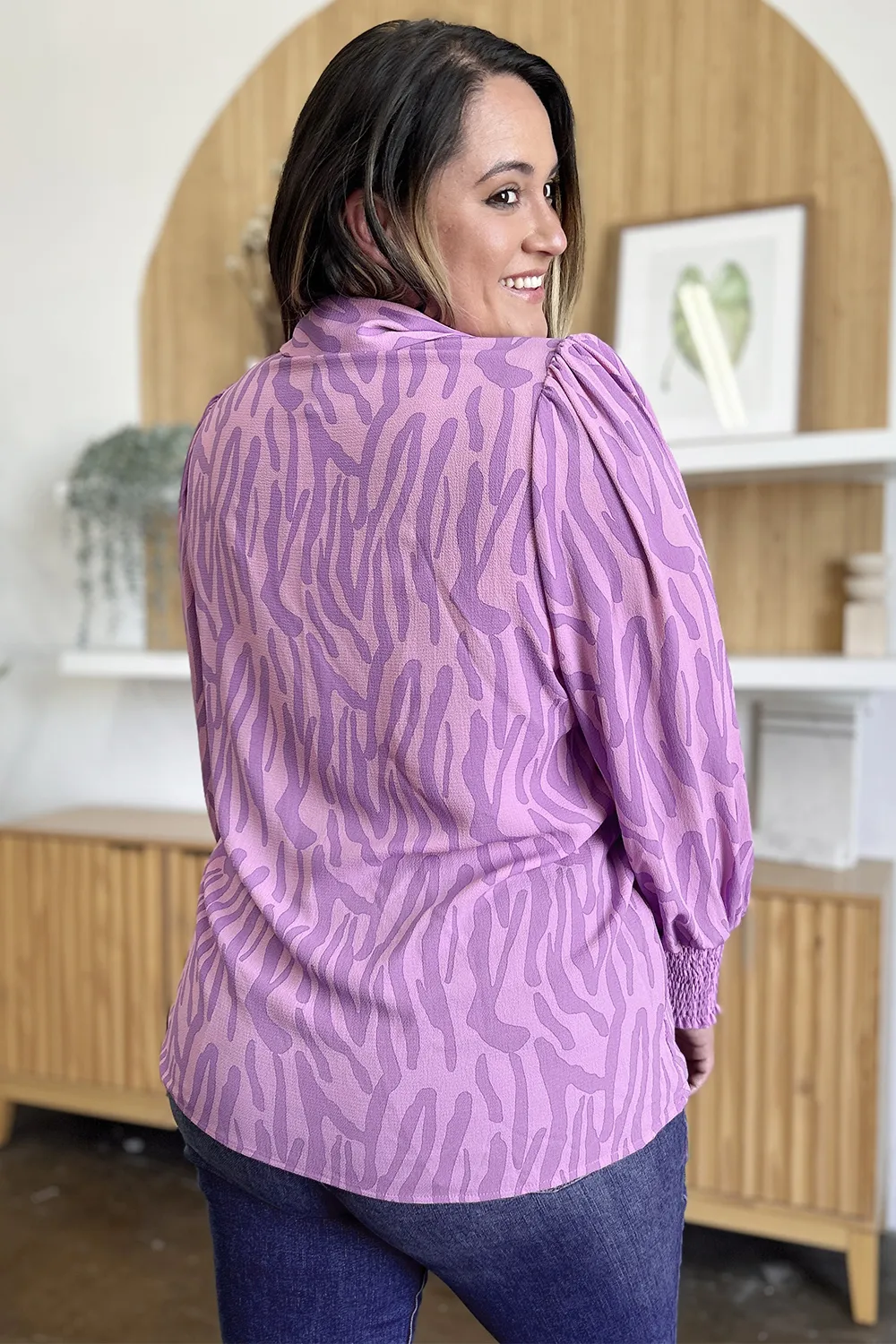 Full Size Printed Smocked Long Sleeve Blouse Plus Size, image 11