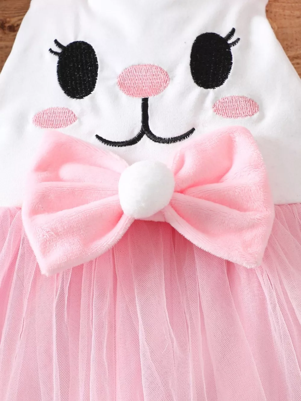 Children's Bunny Embroidered Bow Decor Mesh One-Piece, image 2