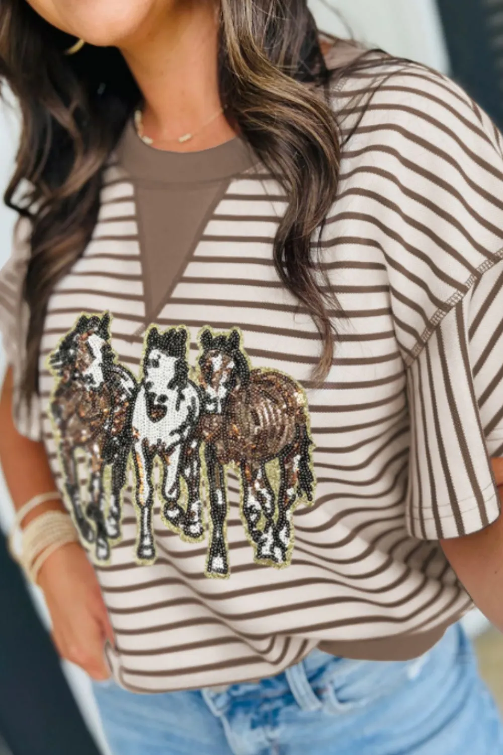 Sequin Striped Round Neck T-Shirt, image 2