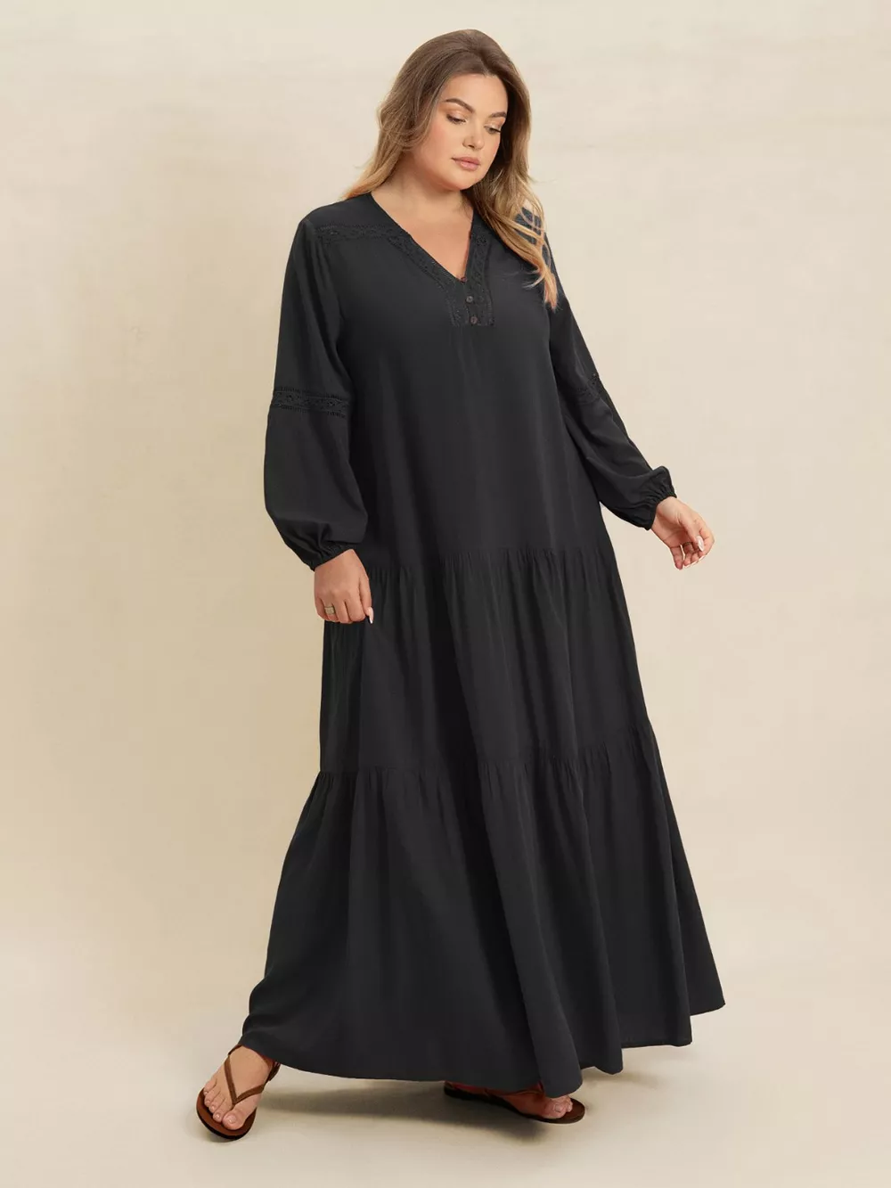 Plus Size Bohemian Tiered Maxi Dress with Balloon Sleeves, image 2