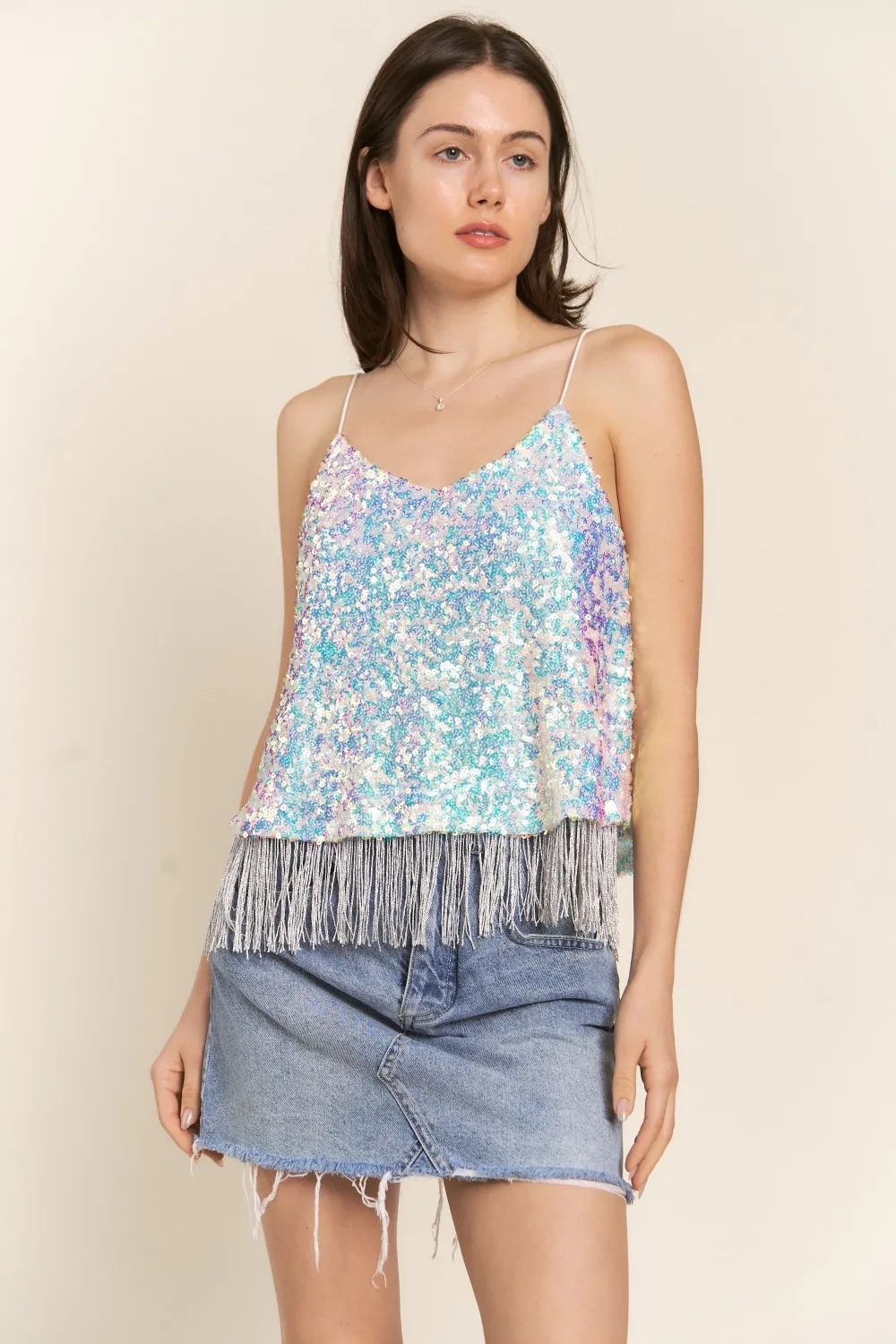 Sequin Tassel Hem Flowy Cami, image 4