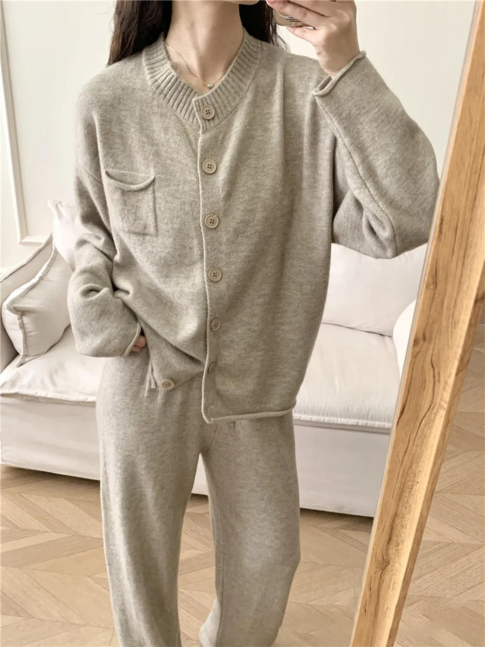 Pocketed Round Neck Button Up Cardigan and Pants Sweater Set, image 15