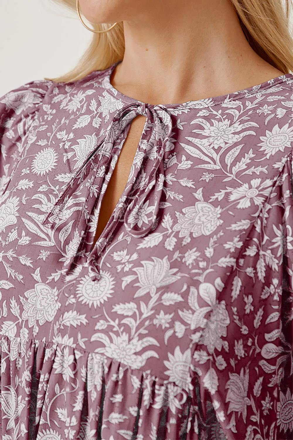 Floral Tie Neck Ruched Babydoll Dress, image 15