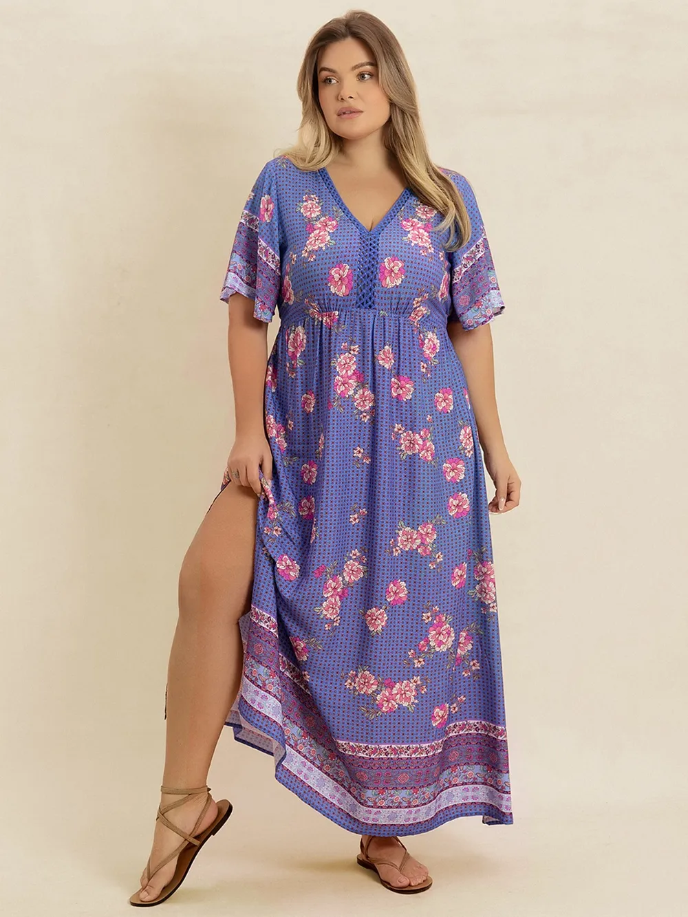 Plus Size Printed V-Neck Flutter Sleeve Dress, image 2