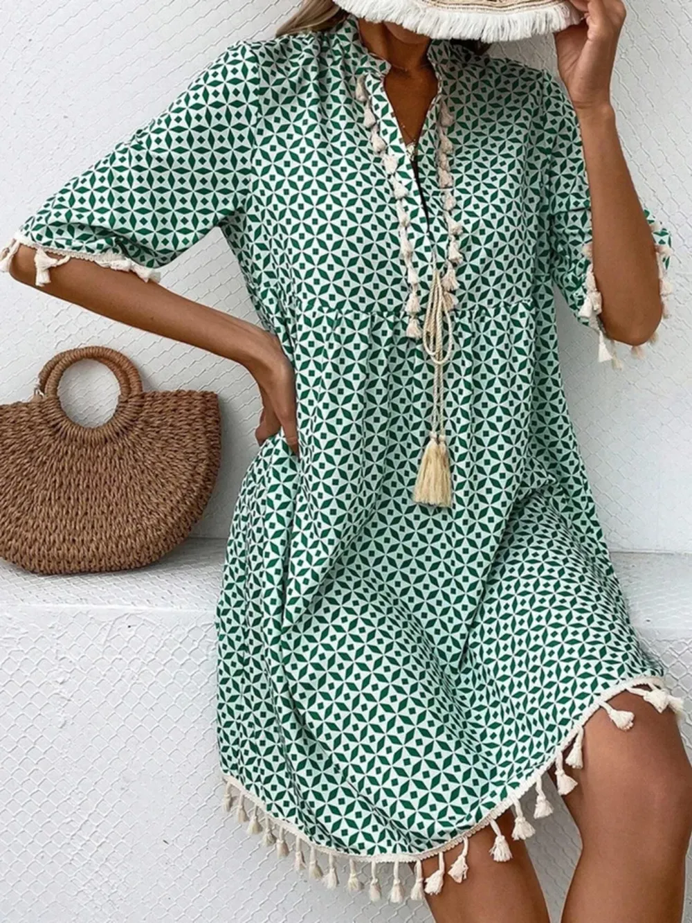 Tassel Printed Notched Half Sleeve Mini Dress, image 2