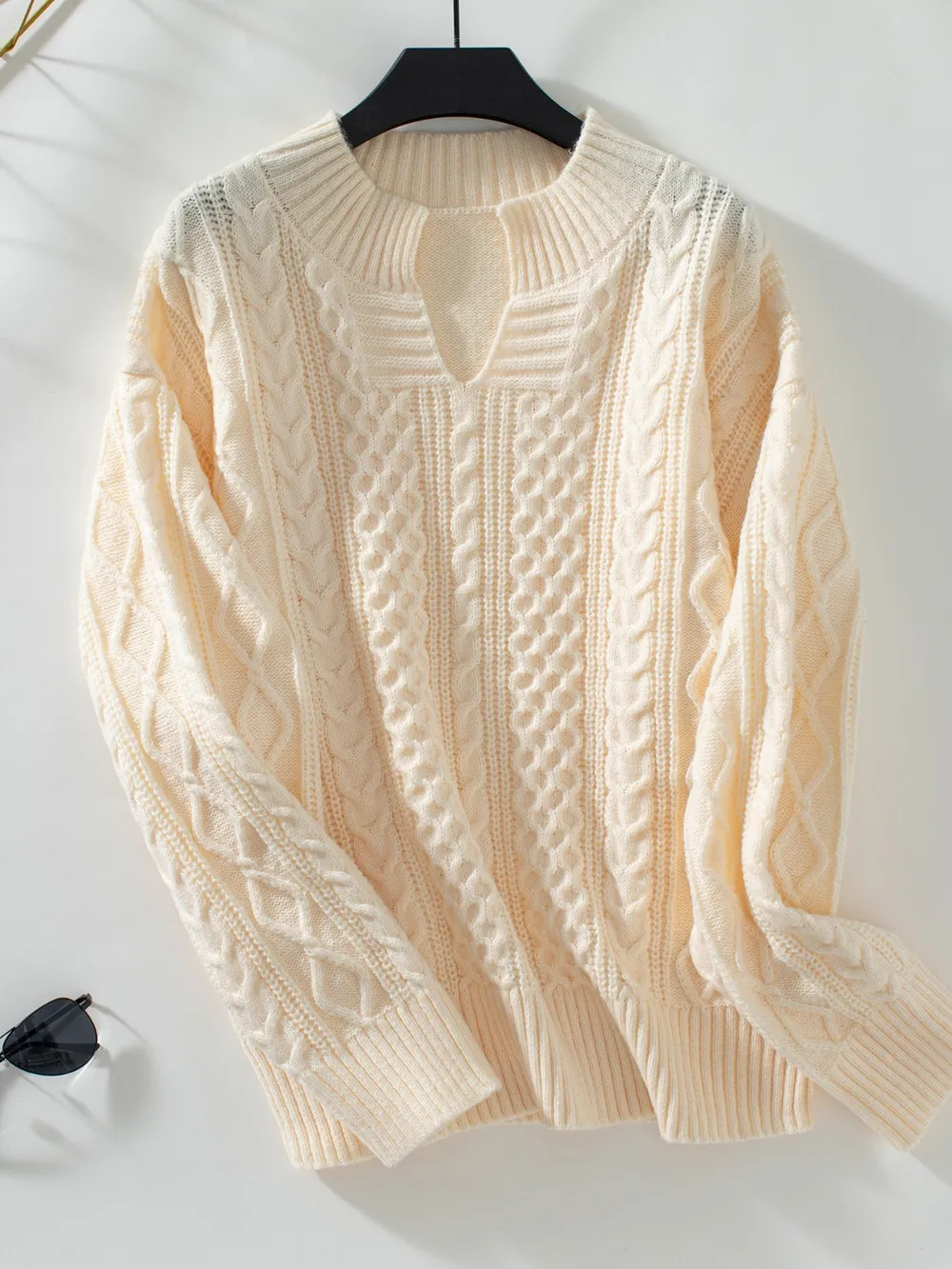 Cable-Knit Notched Long Sleeve Sweater, image 2