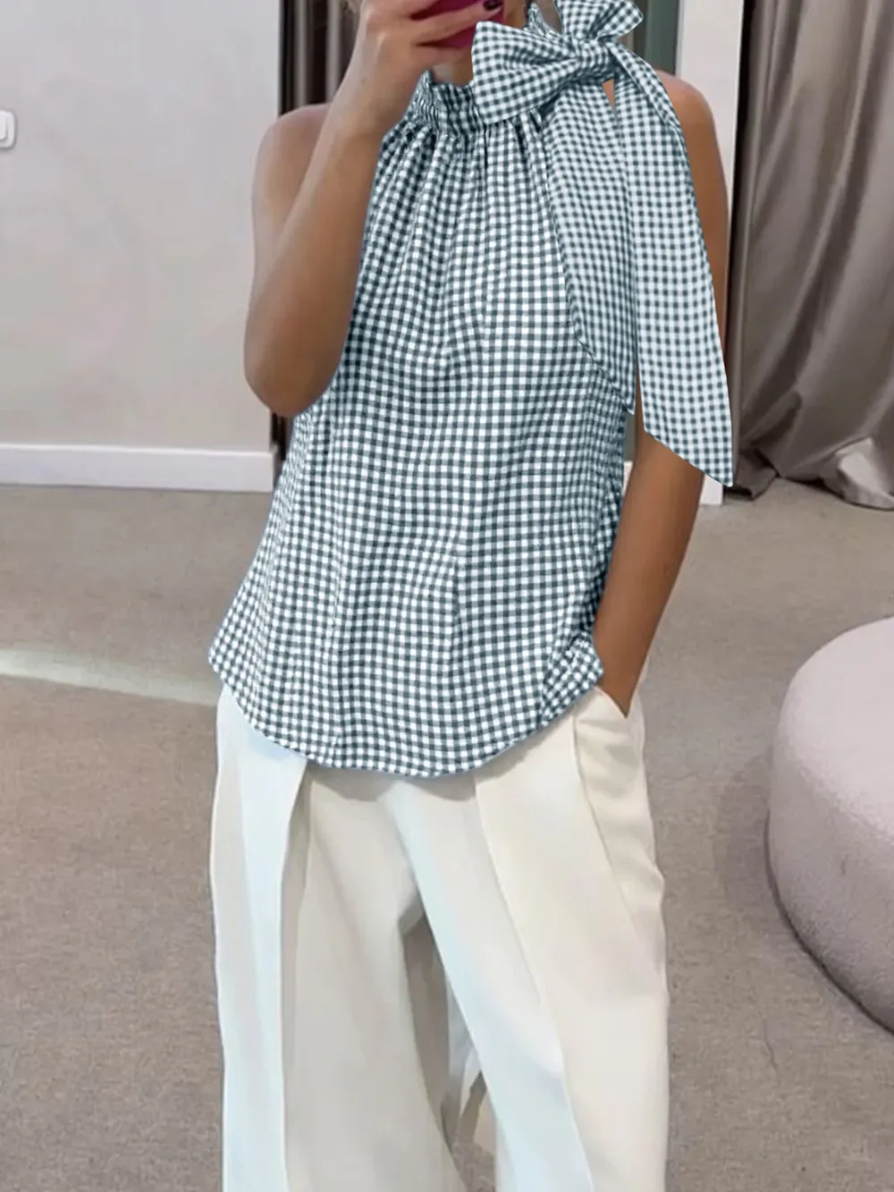 Asymmetric Gingham Bow Tie Sleeveless Top, image 3
