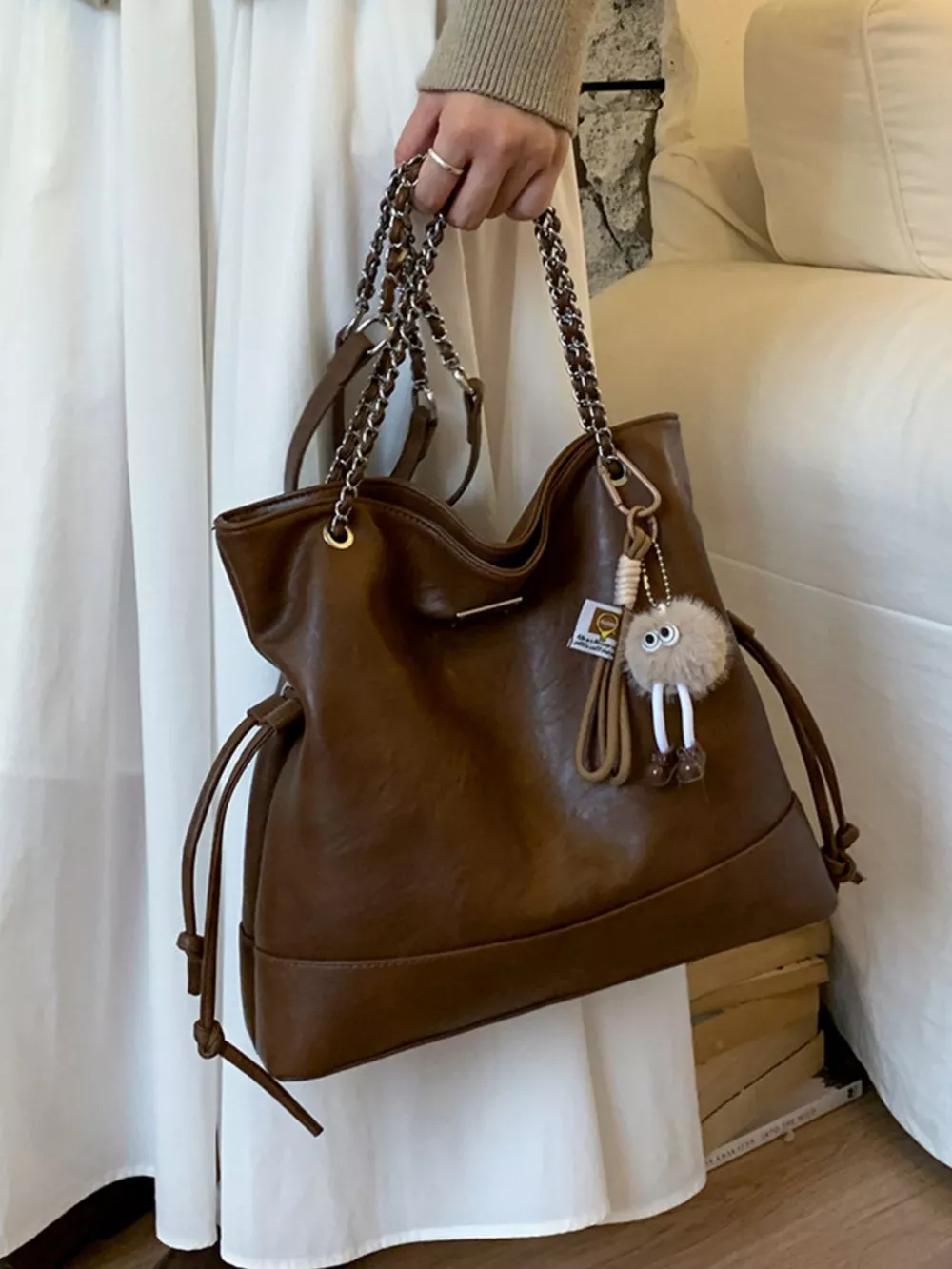 Chain Strap Faux Leather Tote Bag, image 6