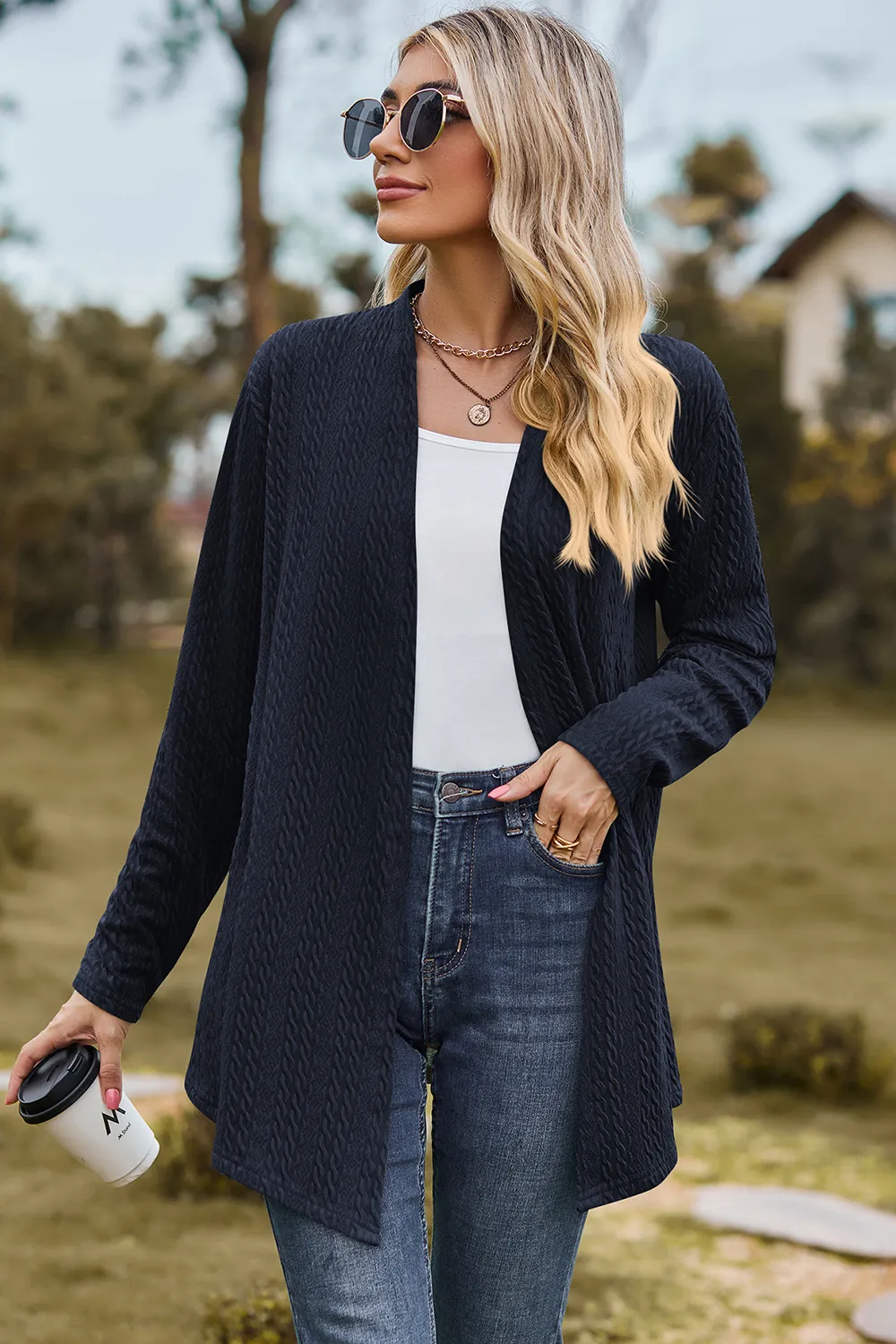 Textured Open Front Long Sleeve Cardigan, image 5