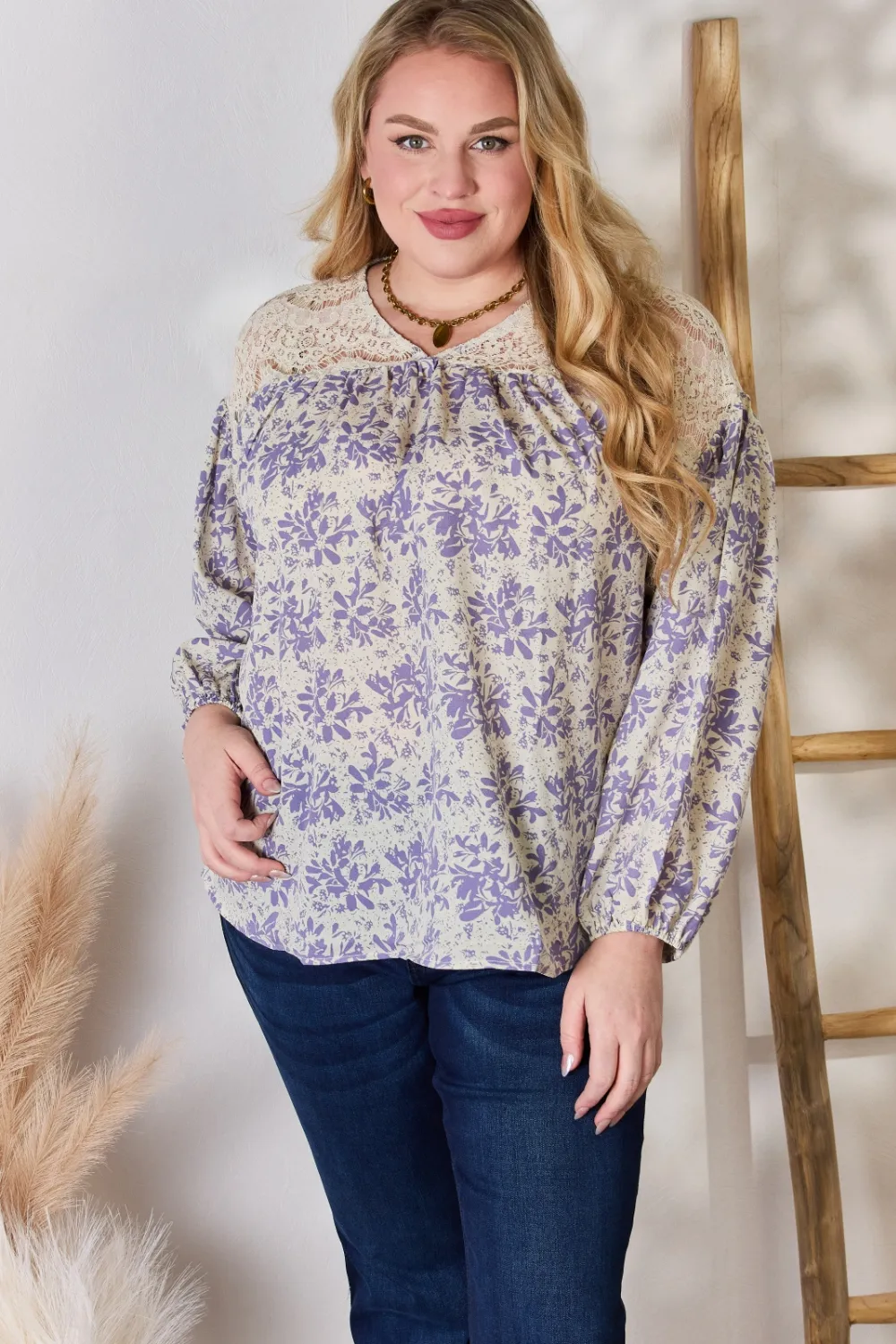 Full Size Lace Detail Printed Blouse, image 2